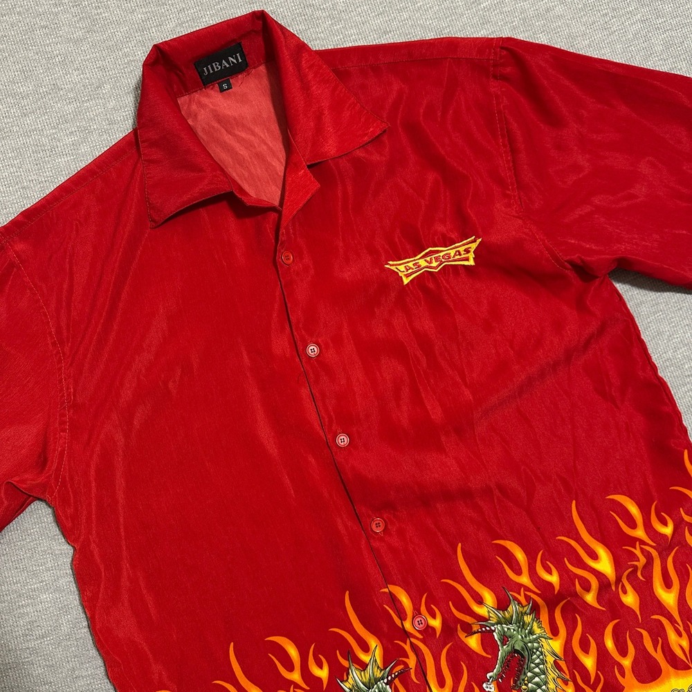 Jibani Las Vegas Dragon Flame Button Up Shirt Y2K Cyber Red Mens Size Small
